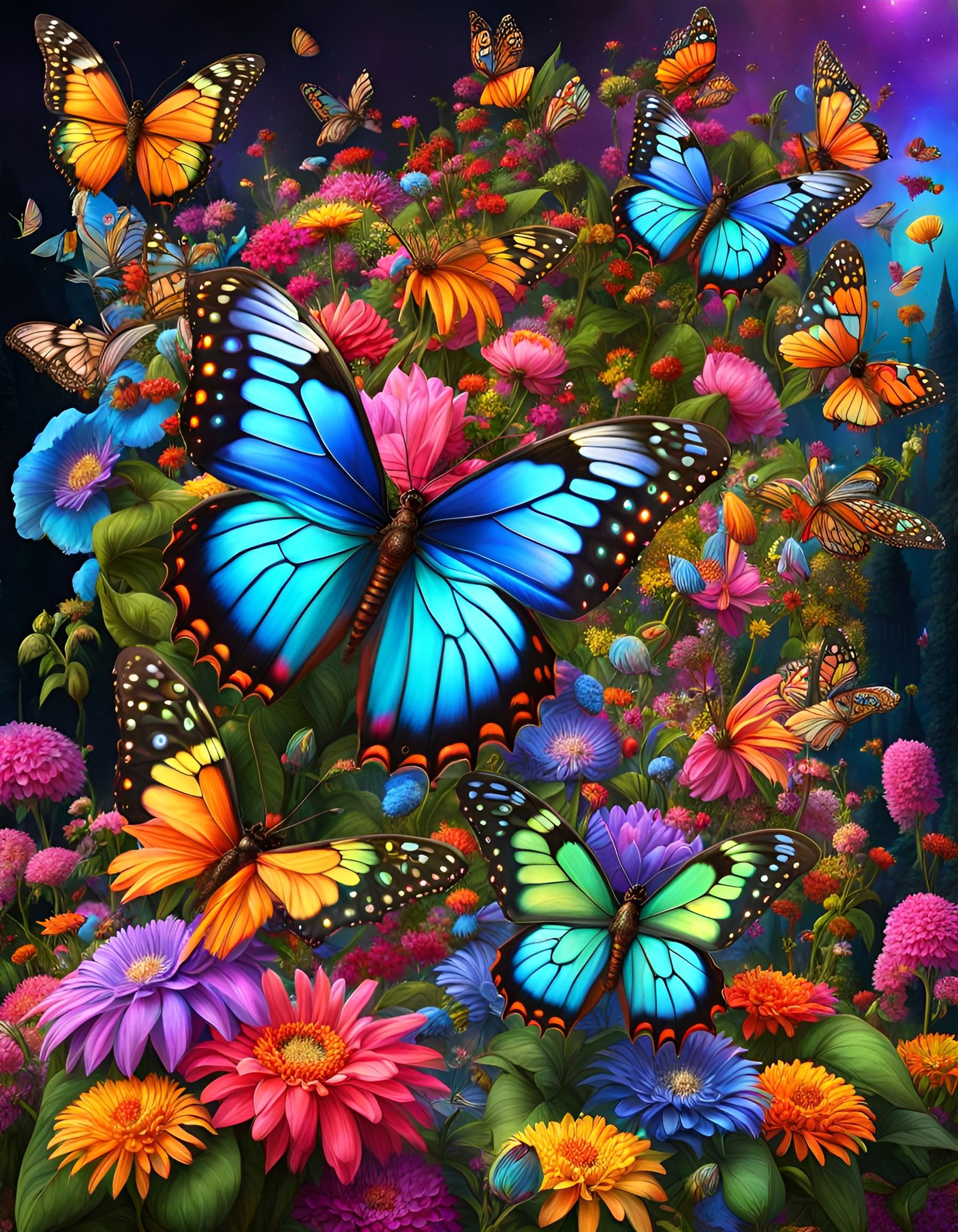 Bioluminescent Butterfly Flowers in Maximalist City