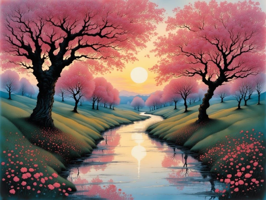 Surreal Cherry Blossom Avenue in Dreamlike Landscape