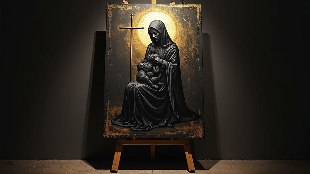 Madonna and Child Painting with Gothic Cross Shadow