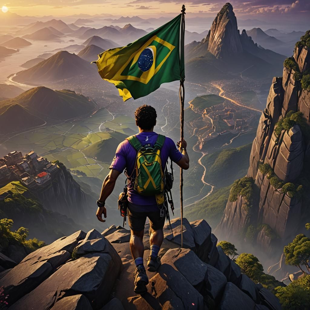 Athlete Climbs Mountain with Brazil Flag: Fantasy Art