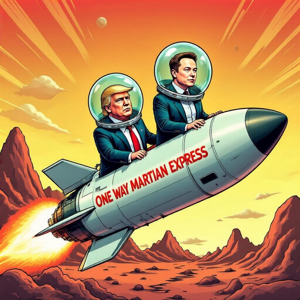 Trump and Musk on Martian Express: Retro Comic Art