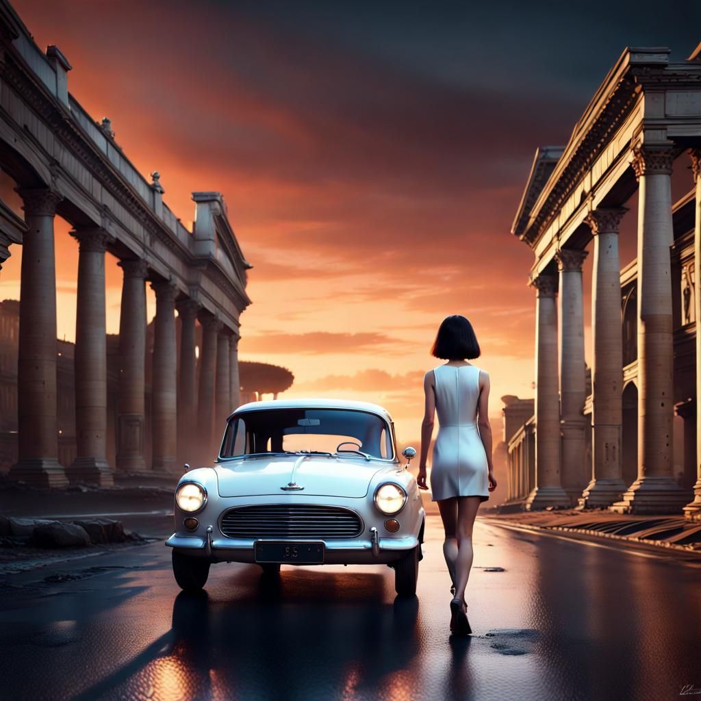 Futuristic Rome: Woman Walks to Car at Dawn