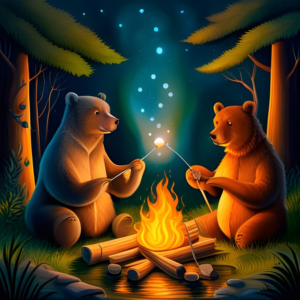 Bears Roasting Marshmallows: Storybook Illustration