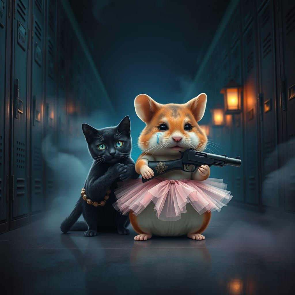 Dreamlike Scene of Hamster in Ballerina Skirt and Cat with G...