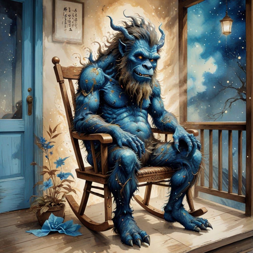 Hairy Monster on Front Porch as Ink Painting