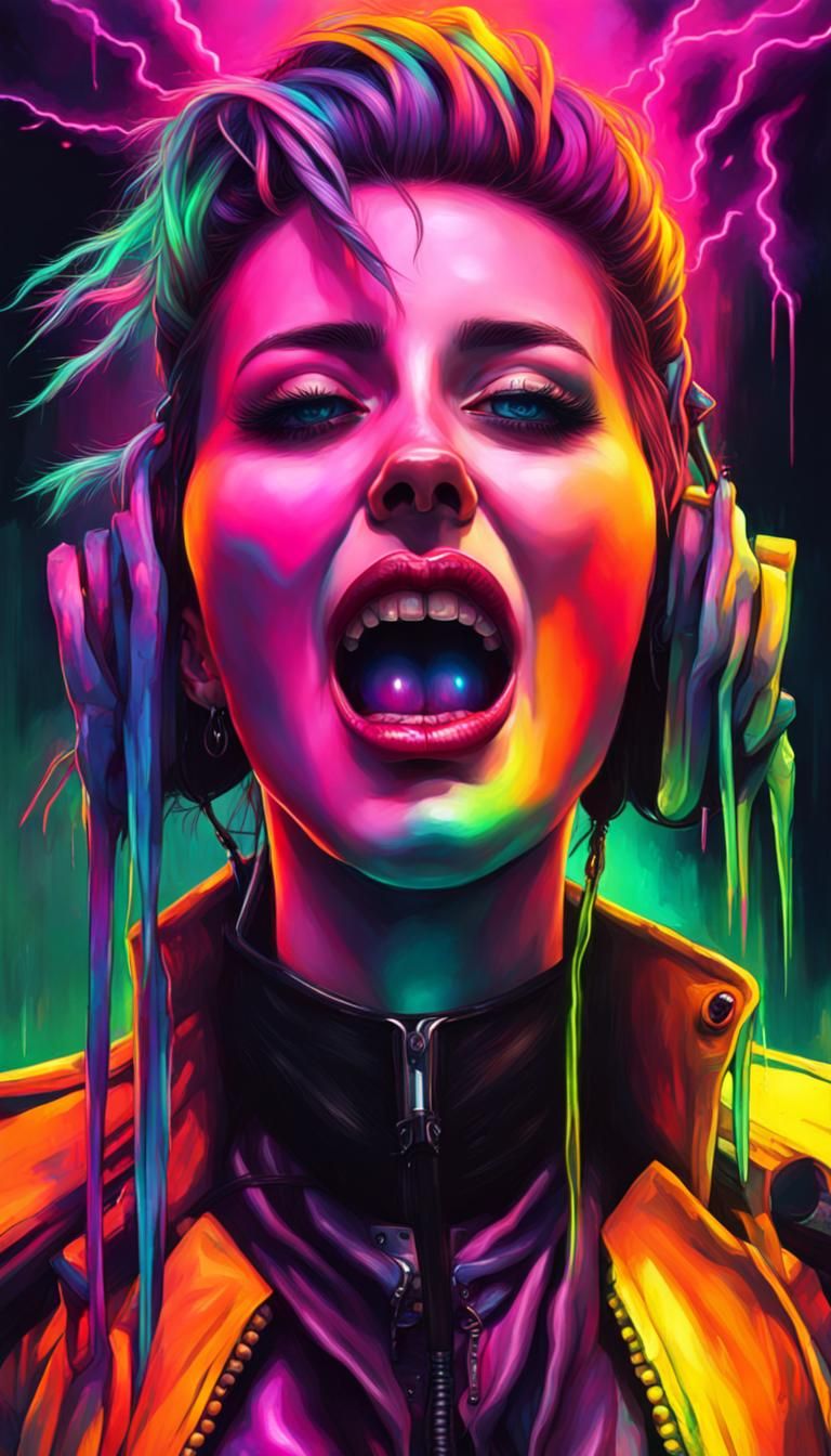 Neon Goth Woman's Mind Exploding in Cyberpunk