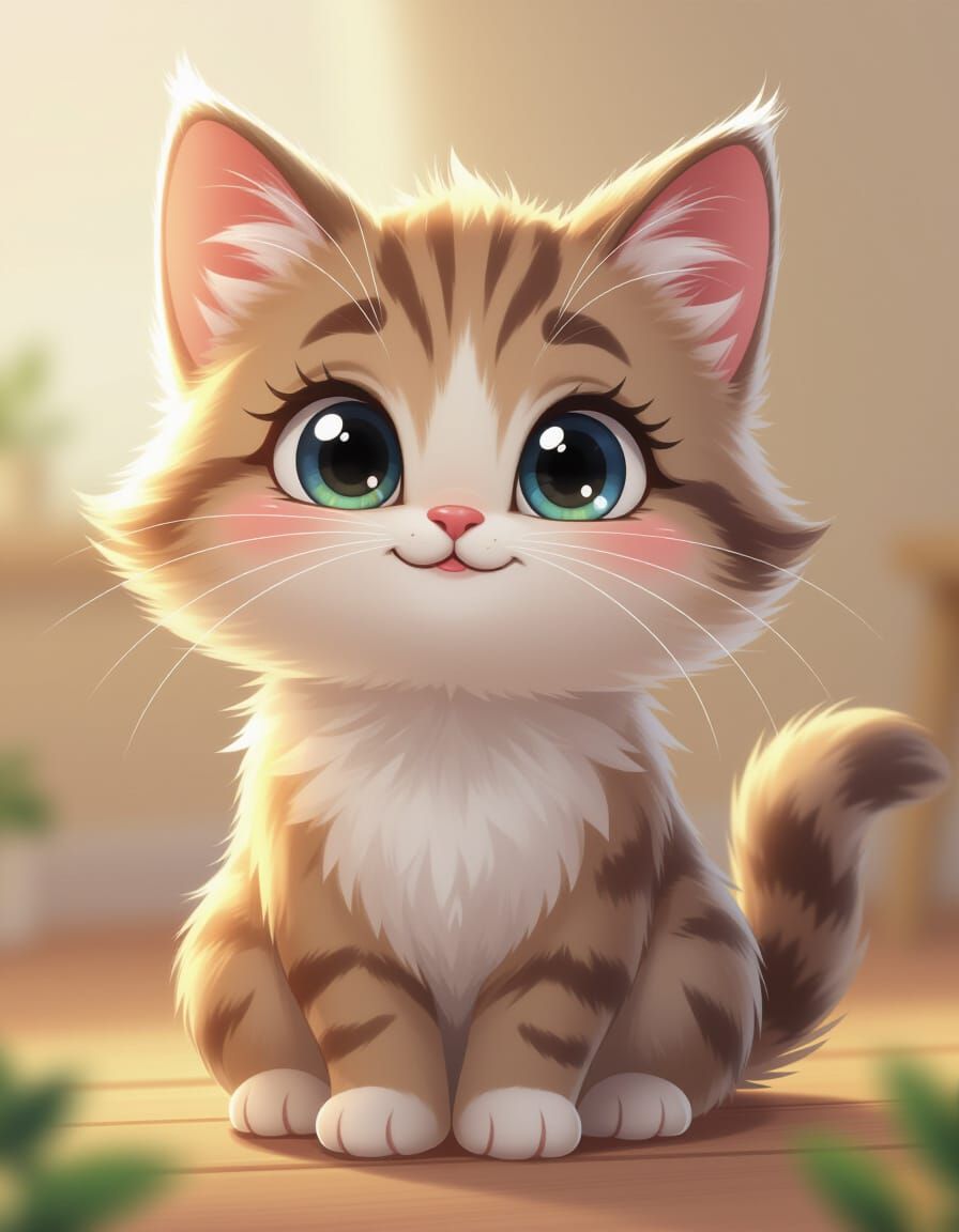 Cute Fluffy Cat Icon in Cartoon Style