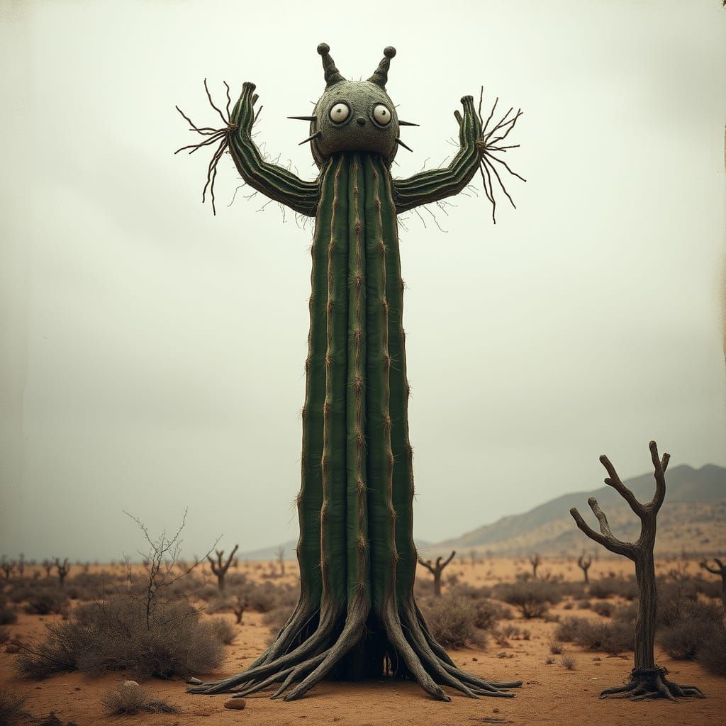 Whimsical Cactus Scarecrow in Dystopian Surrealism