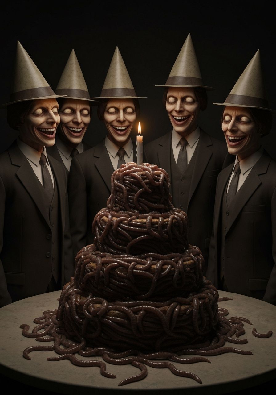 Disturbing Birthday Scene with Earthworm Cake