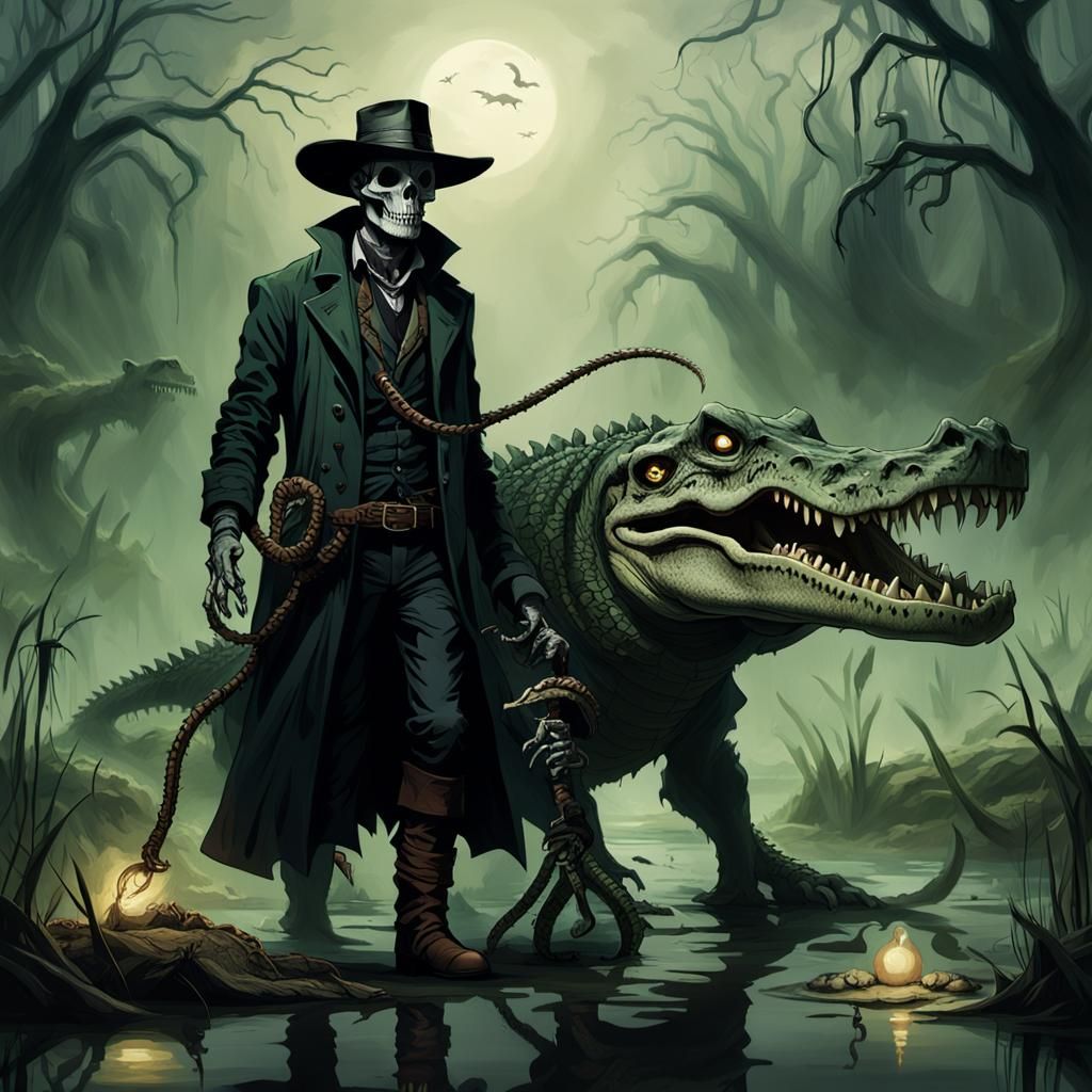 Skeleton Cowboy in Swamp with Alligator: Dark Fantasy