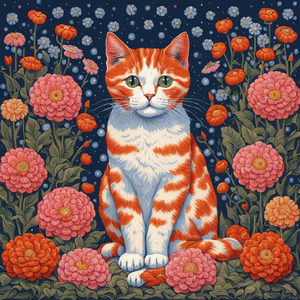 Cute Cat Surrounded by Flowers in Post-Impressionist Style