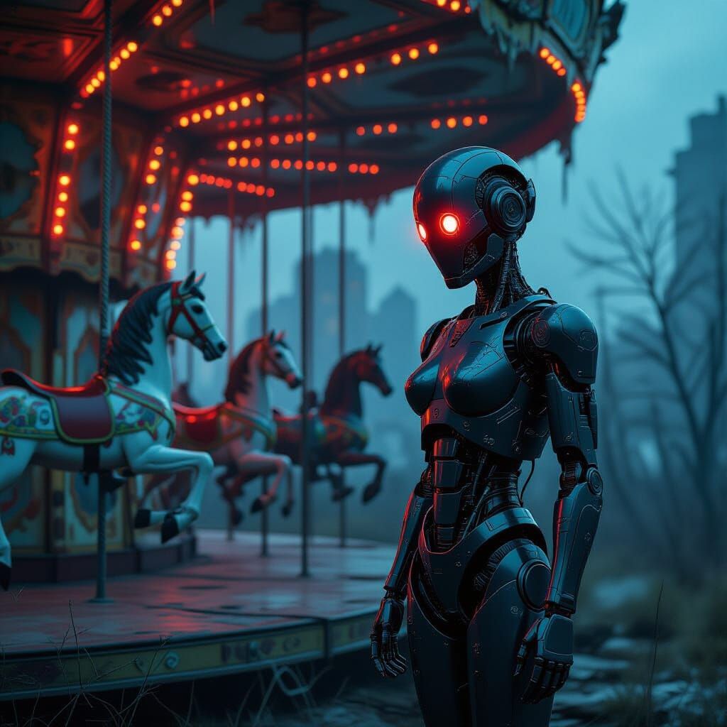 Android in Dystopian Carousel Dark Fantasy Illustration