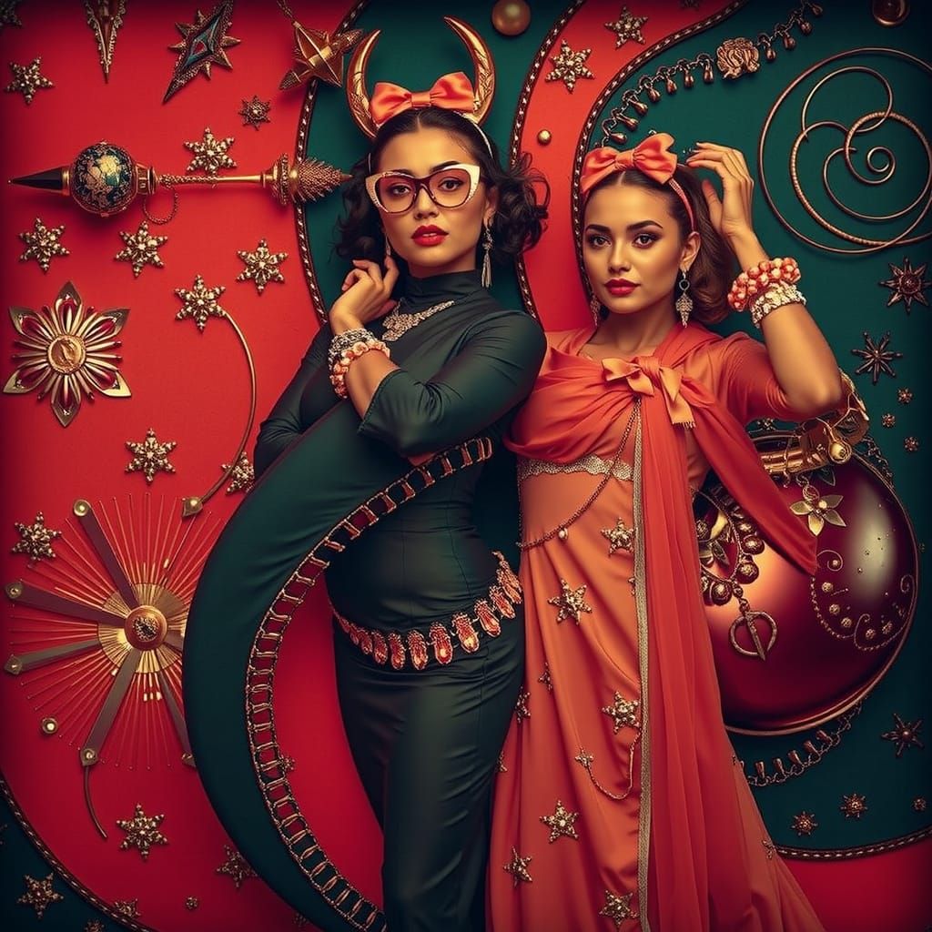 Elegant Women in Surreal, Maximalist Psychedelic Environment