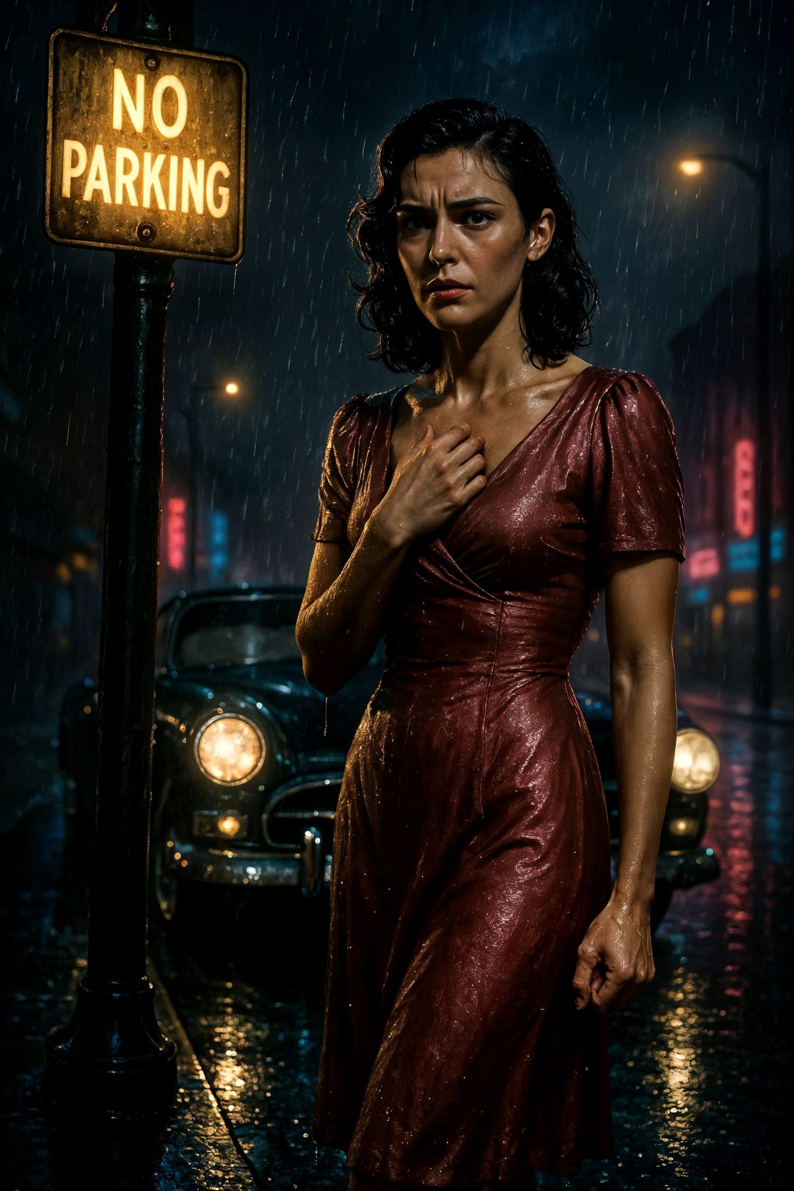 Woman in Noir Style Under Flickering Sign