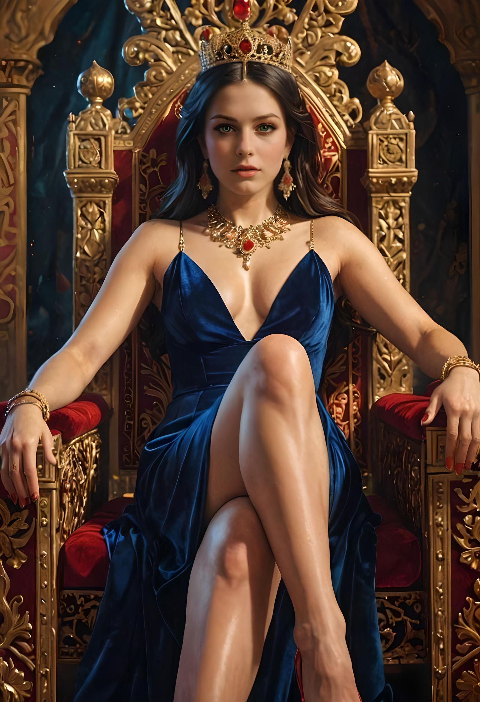 Persian Queen on Golden Throne in Red Dress