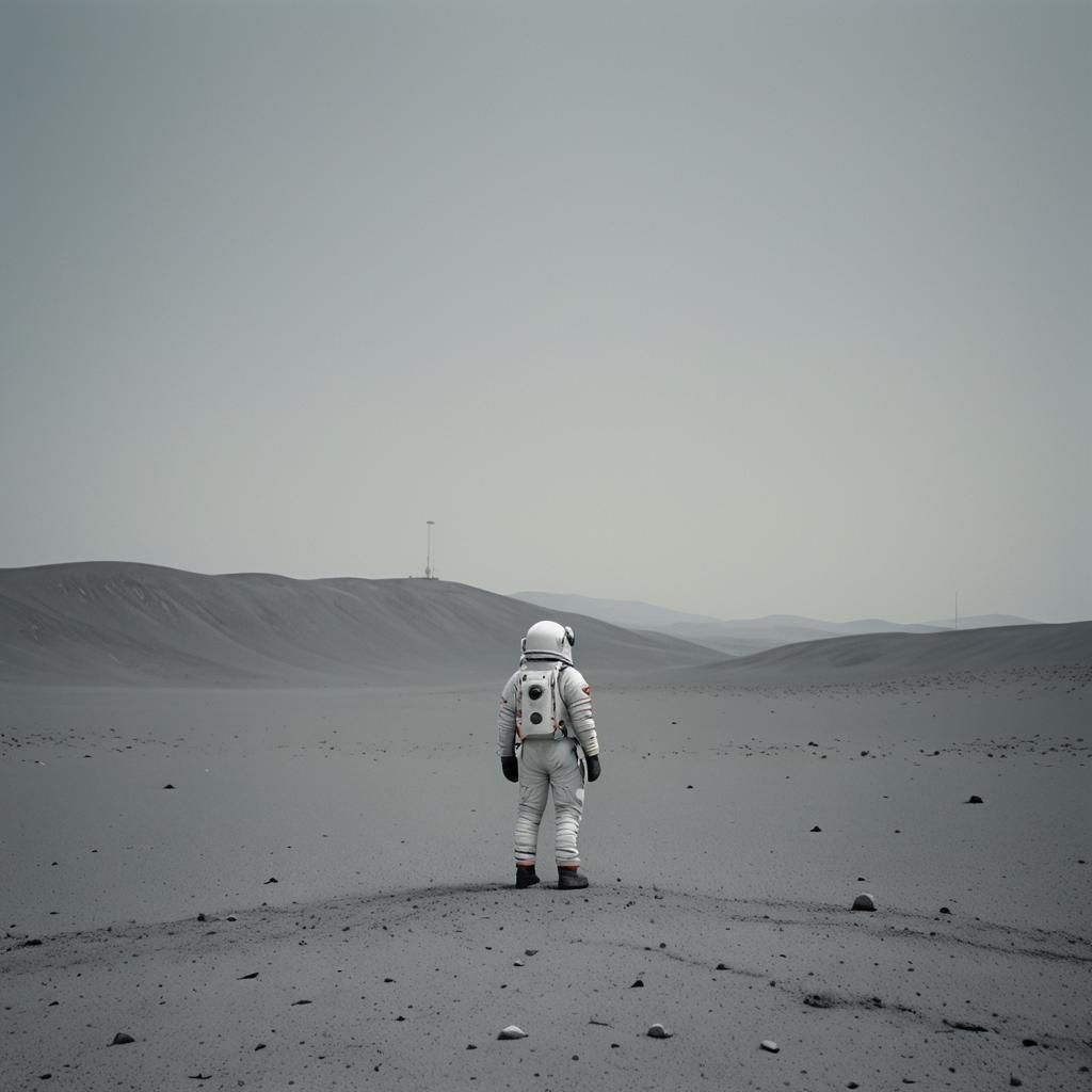 Minimalist Astronaut in Desolate Landscape, Monochromatic