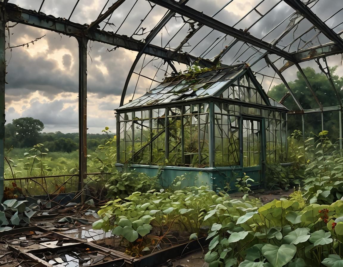 Abandoned Greenhouse in Oil Painting Style