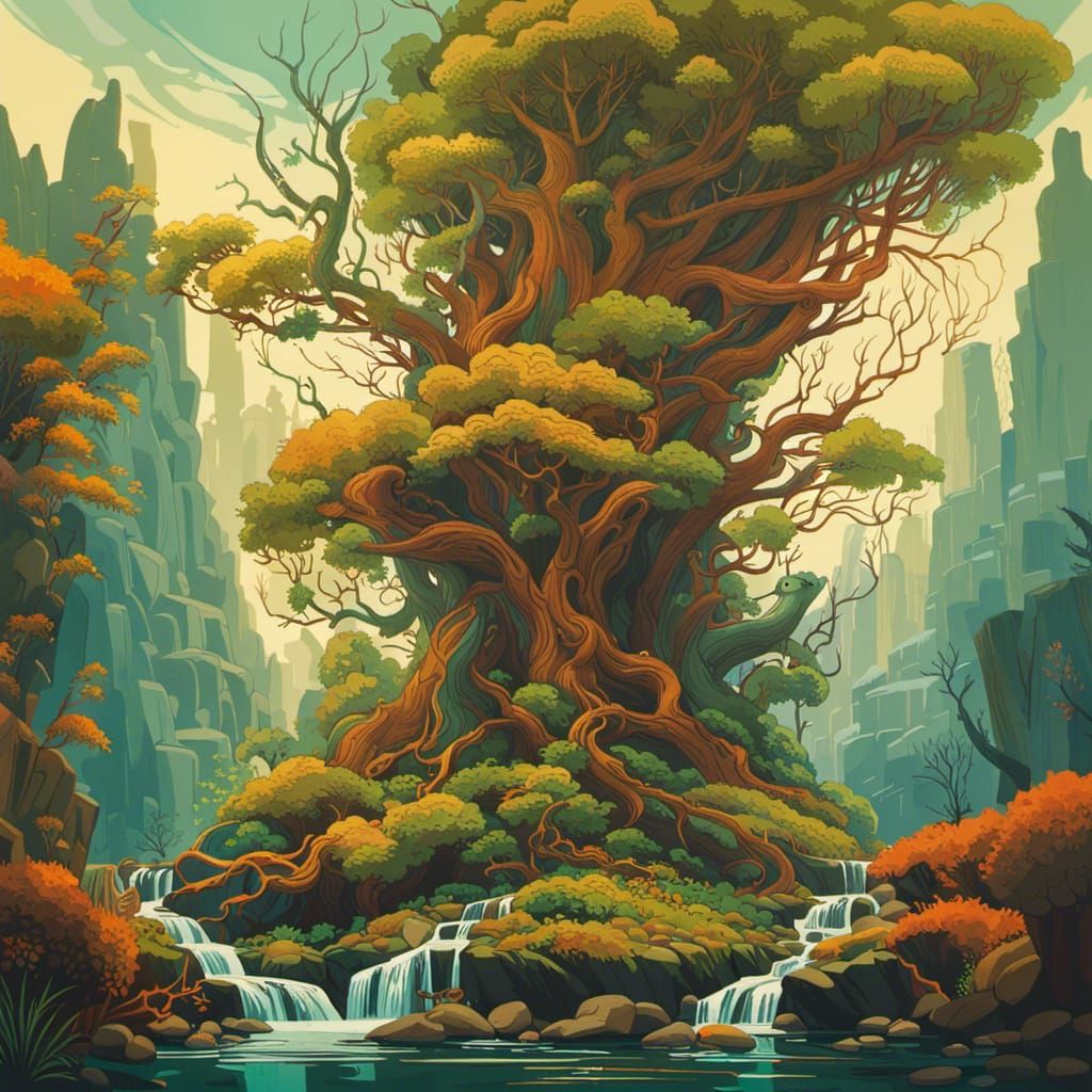 Floating Earth with Moss, Trees, and River of Fire