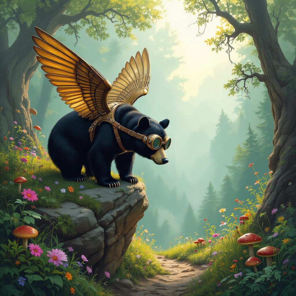 Steampunk Black Bear Overlooking Misty Forest