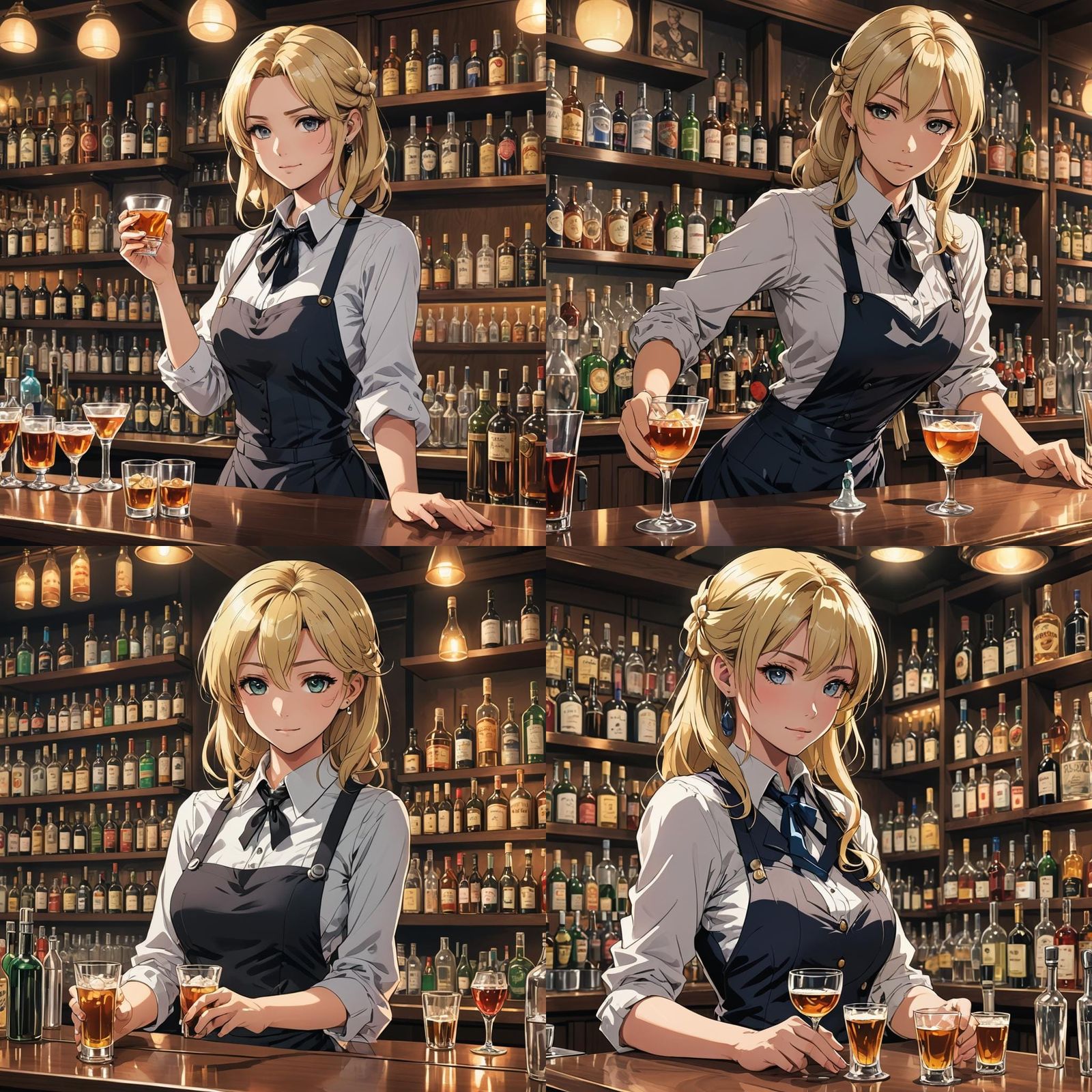 Blonde Bartender Serving Shots in Anime Style