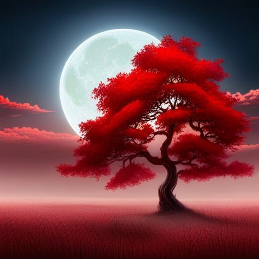 Bewitching red tree, glowy full moon, in the art style of O'Hara kosan, ayami Kojima, Jeffrey Catherine Jones. Graceful ...