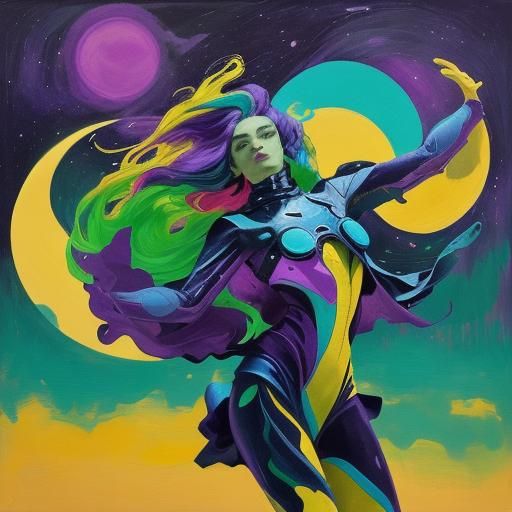 Women on Colorful Planet with Moons, in Fauvist Style