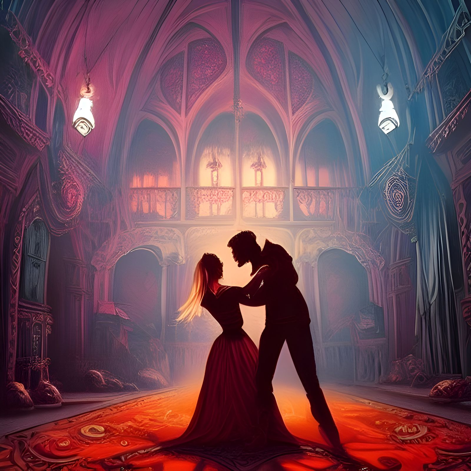 Romantic Undead Couple Dancing in Gothic Ballroom