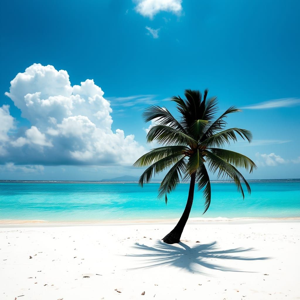 Vibrant Tropical Beach Scene with Dark Palm and Tree Silhoue...