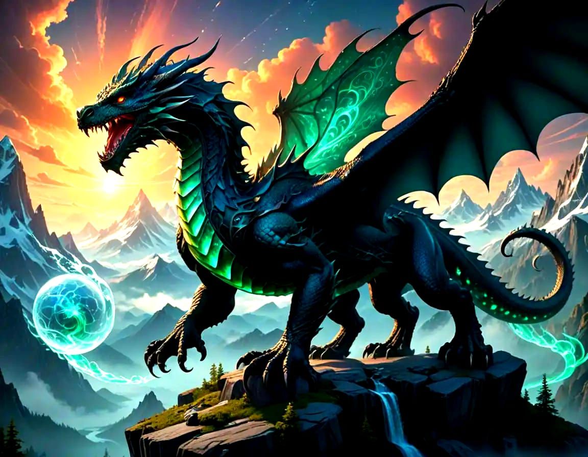 Emerald Dragon Soaring Above Crystal Mountains