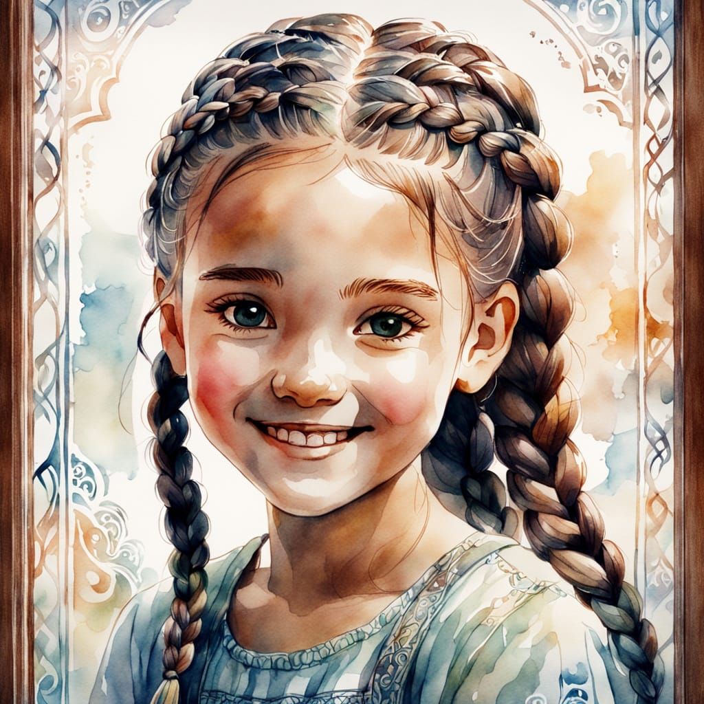 Smiling Girl with Braids in Window, Watercolor Sketch