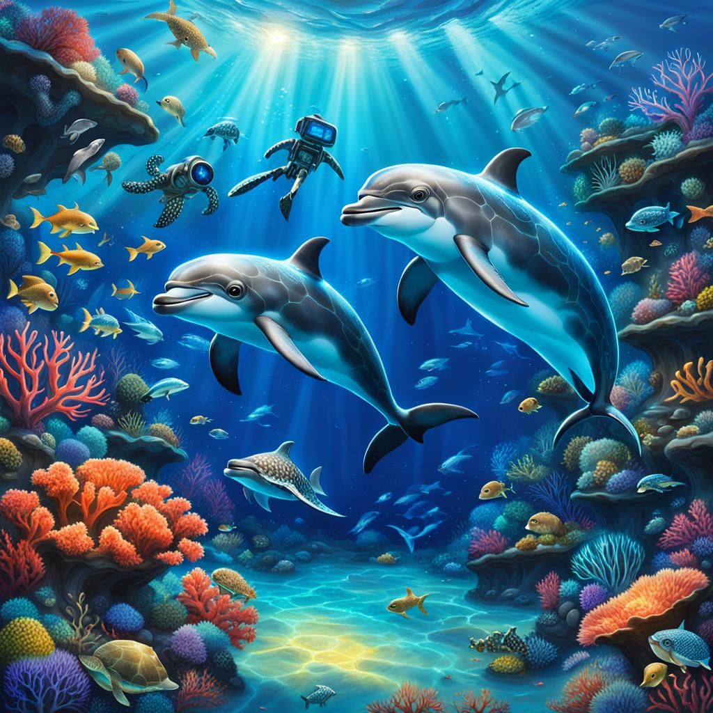 Dolphins playing with cyborg turtles