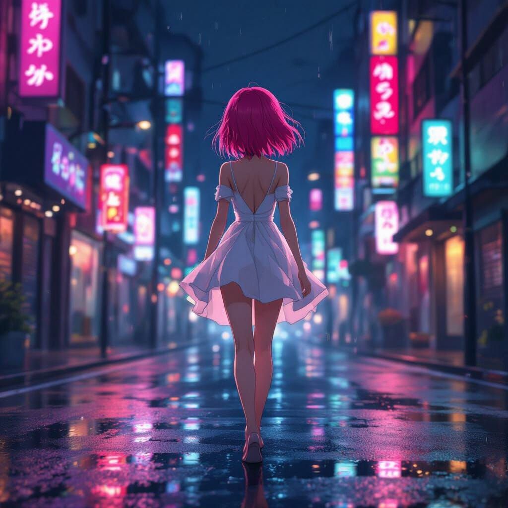 Anime Girl with Pink Hair Walks Neon City Street at Night