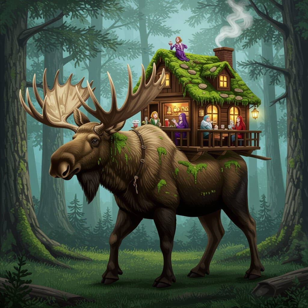 Enchanting Cafe Carried By Giant Moss Moose