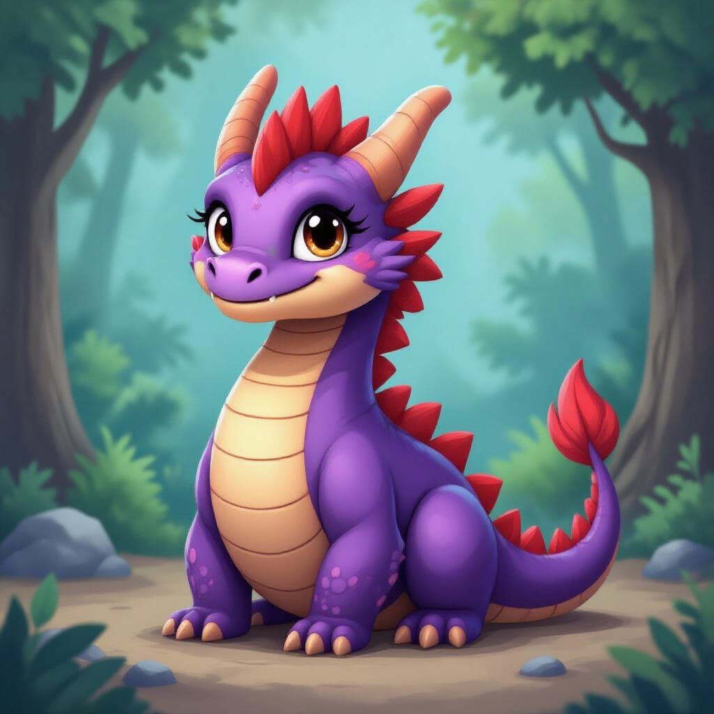 Friendly Purple Dragon in Two-Dimensional Cartoon Style