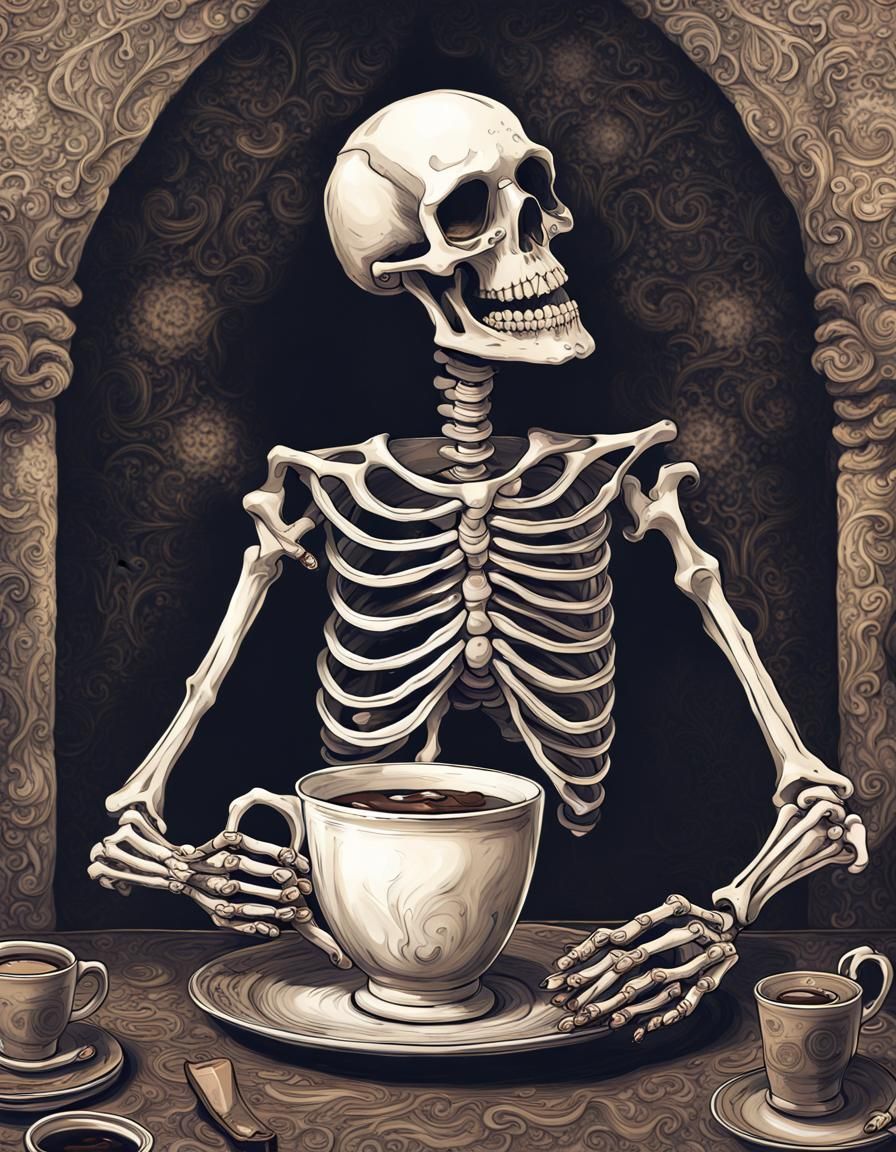 Skeleton Enjoys Coffee with Cream