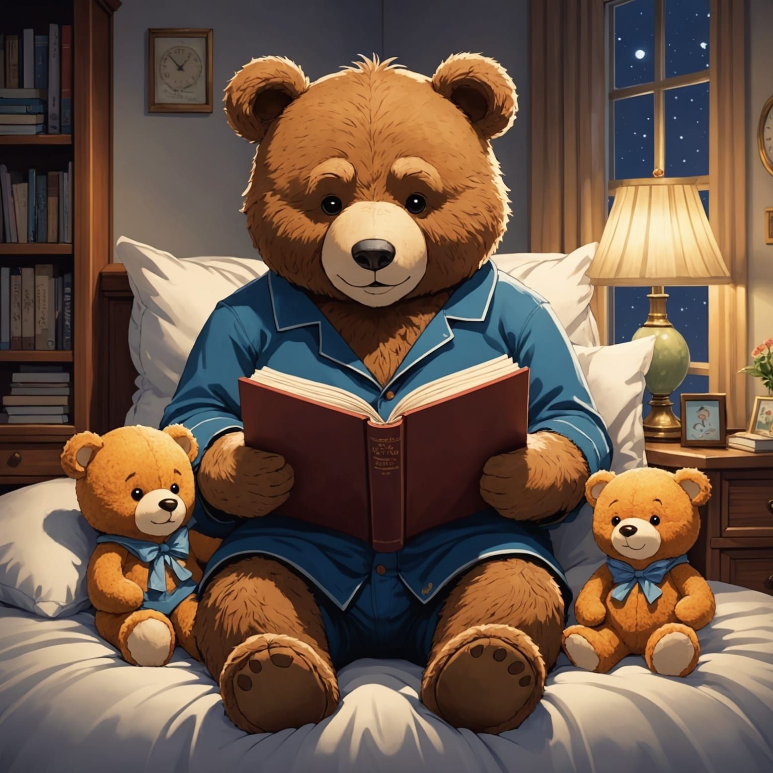 Teddy Bear Father Reads Story in Anime Style