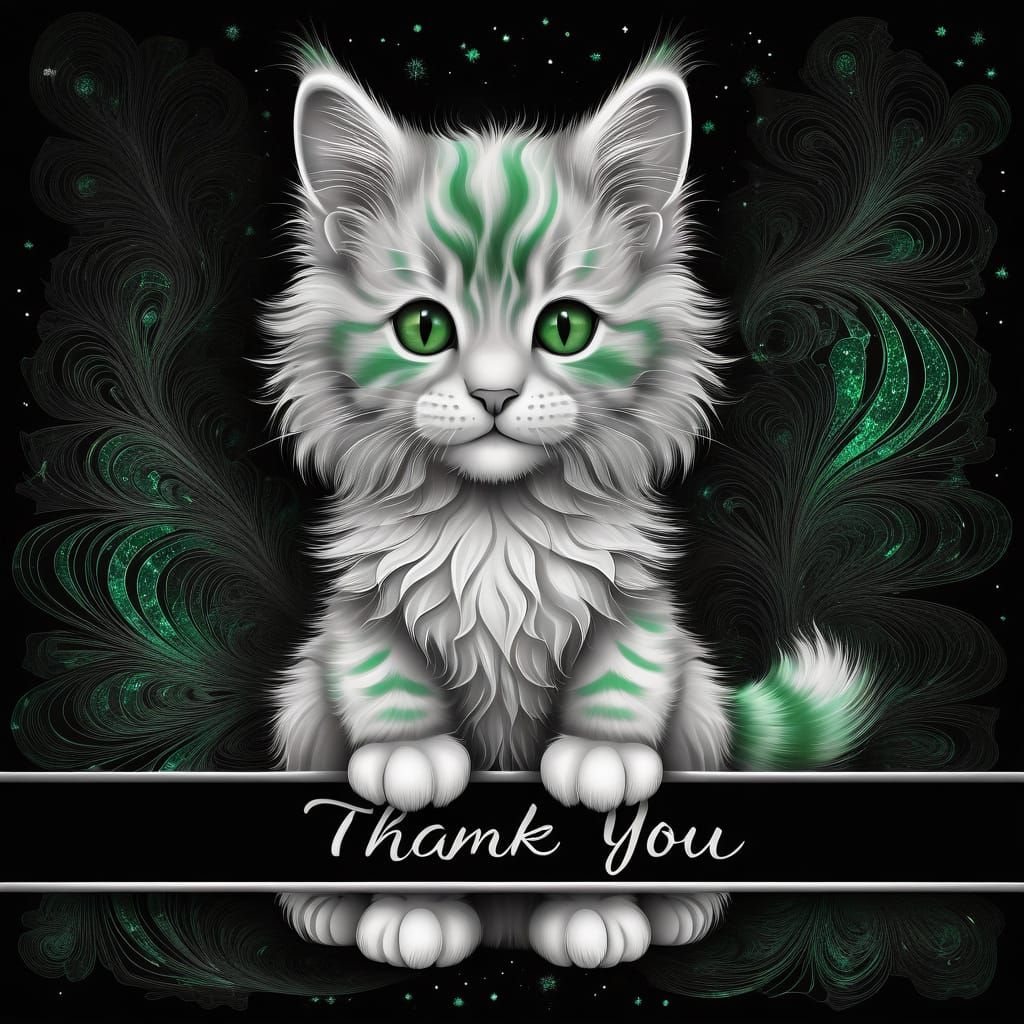 Whimsical Feline Expresses Gratitude in Shimmering Black Spa...