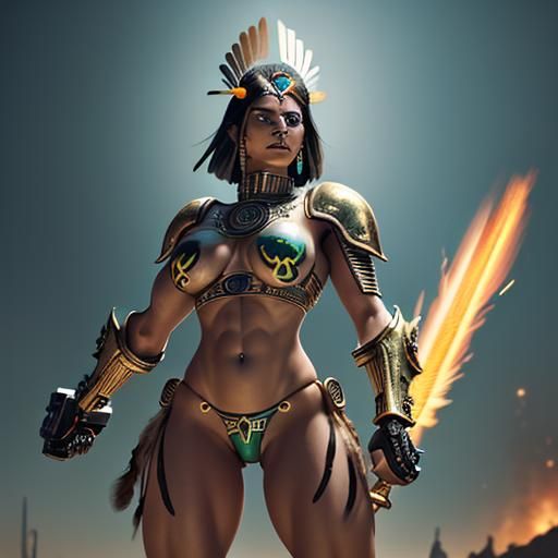 Aztec Warrior Woman with Flaming Sword in Cyberpunk Style