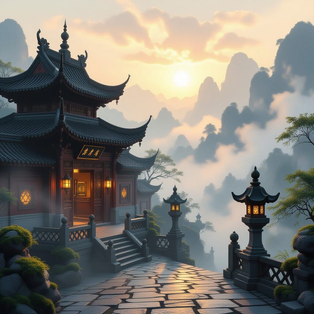 Spiritual Nanyang Temple in Misty Dawn Landscape