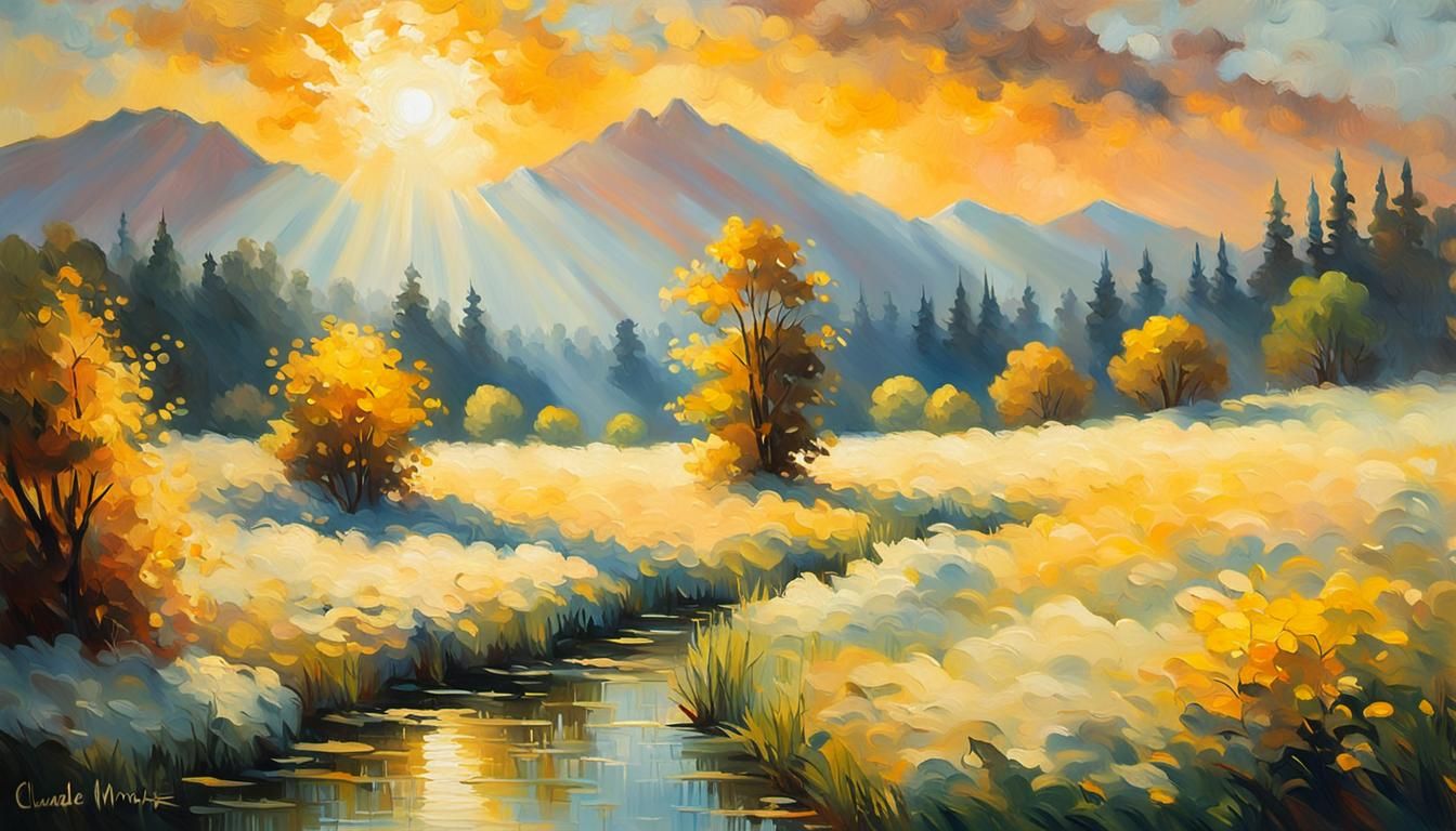 Impressionist Landscape Painting with Golden Light