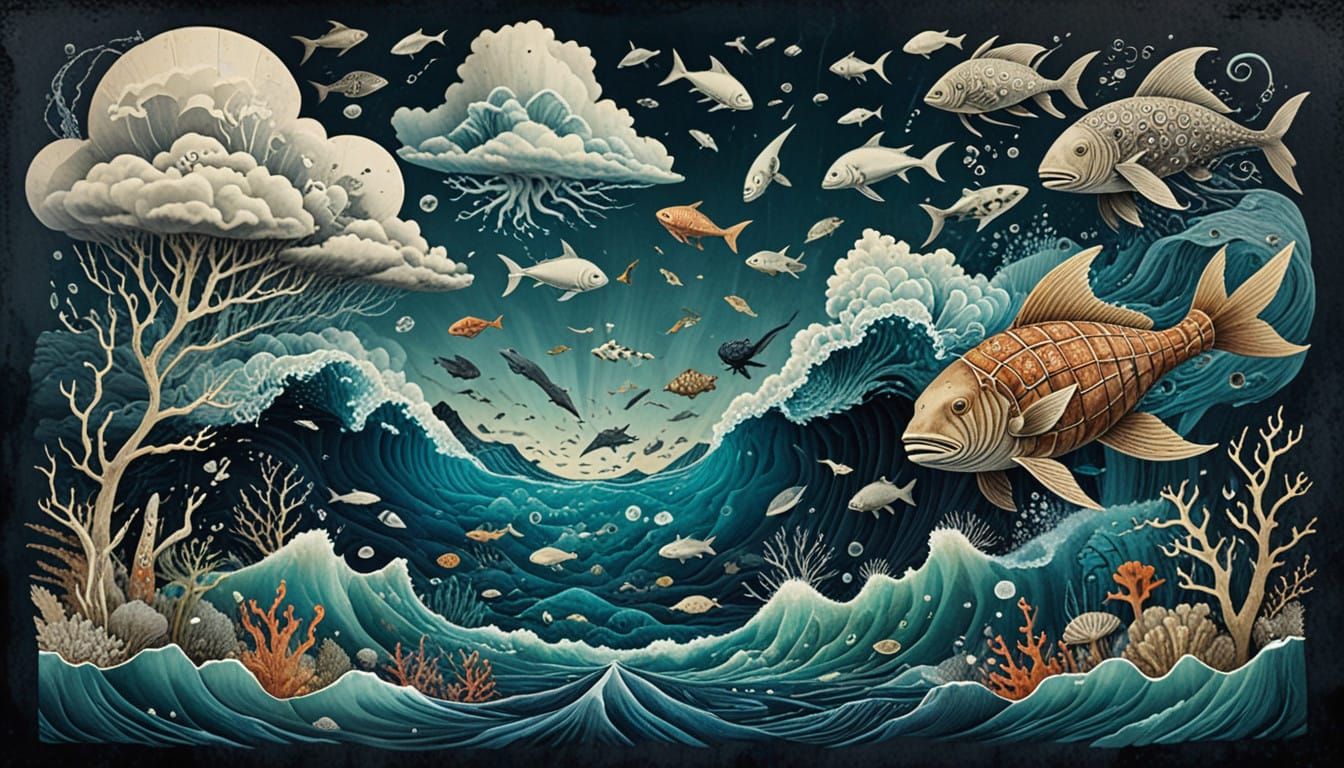 Surreal Oceanic Cloudscapes with Swarming Aquatic Life