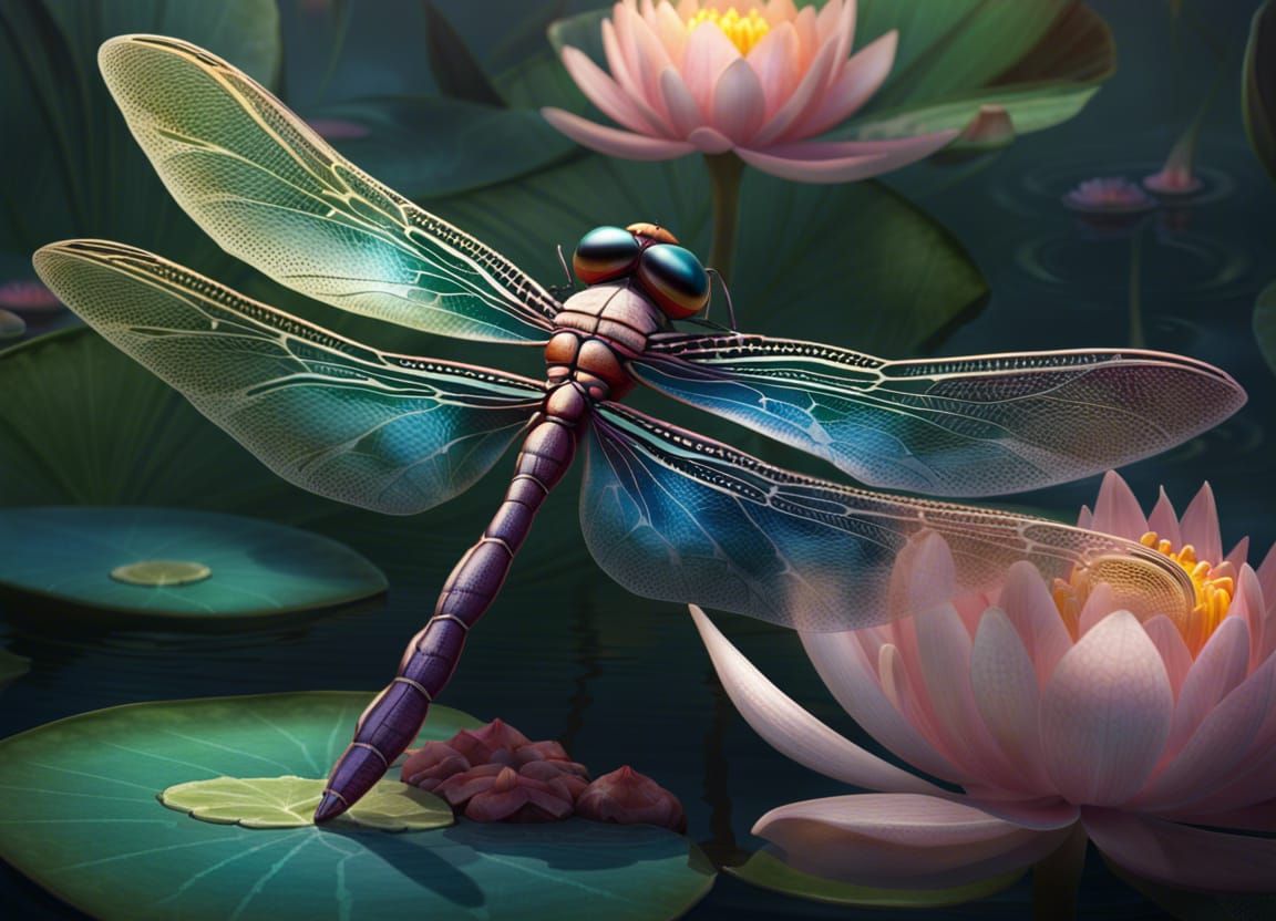 Iridescent Dragonfly on Lotus Flower: Hyperrealistic Digital...