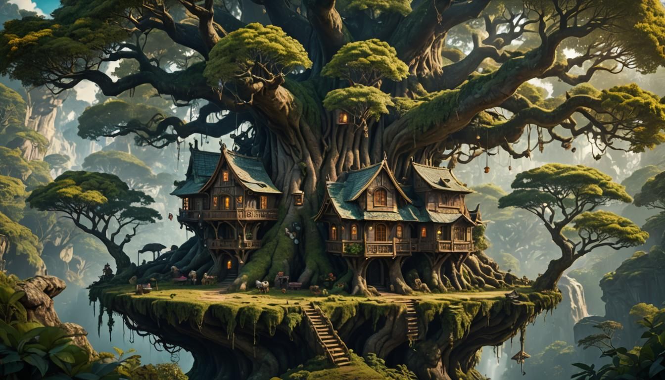 Fairytale Treehouse in Ancient Forest, Detailed Matte Painti...