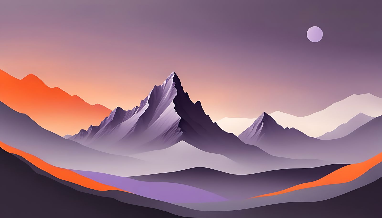 A fantastical, mysterious surrealistic mountain scape done in duotone grey and lilac, with a touch of deep orange, minim...