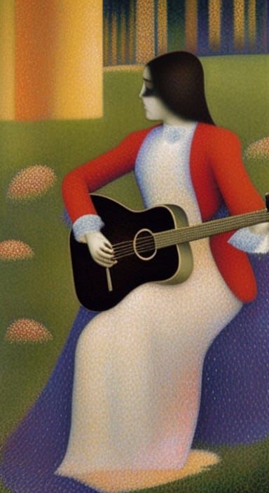 Guitar Girl in Pointillist Style of Georges Seurat