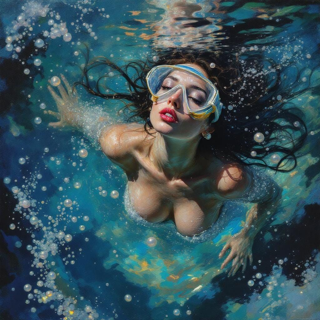 Impressionistic Pearl Diver in Iridescent Ocean