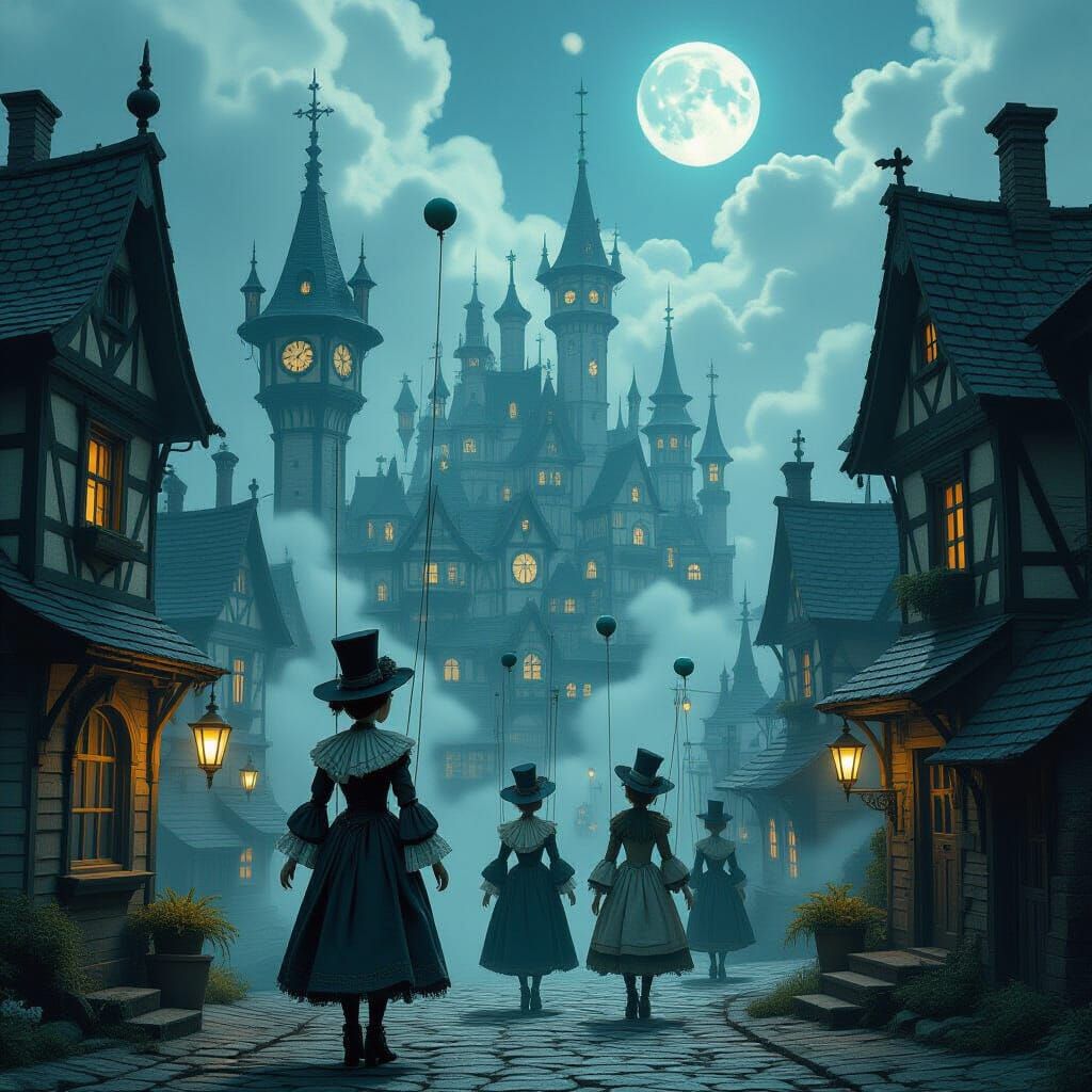 Surreal Marionette City in Gothic Fairytale Style