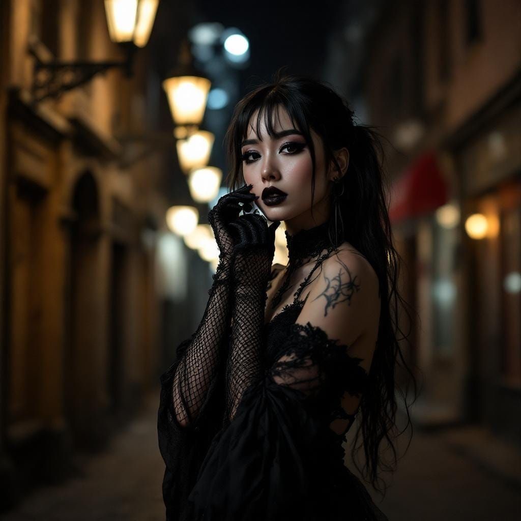 Gothic Woman in Victorian Alleyway, Ash Thorp Style