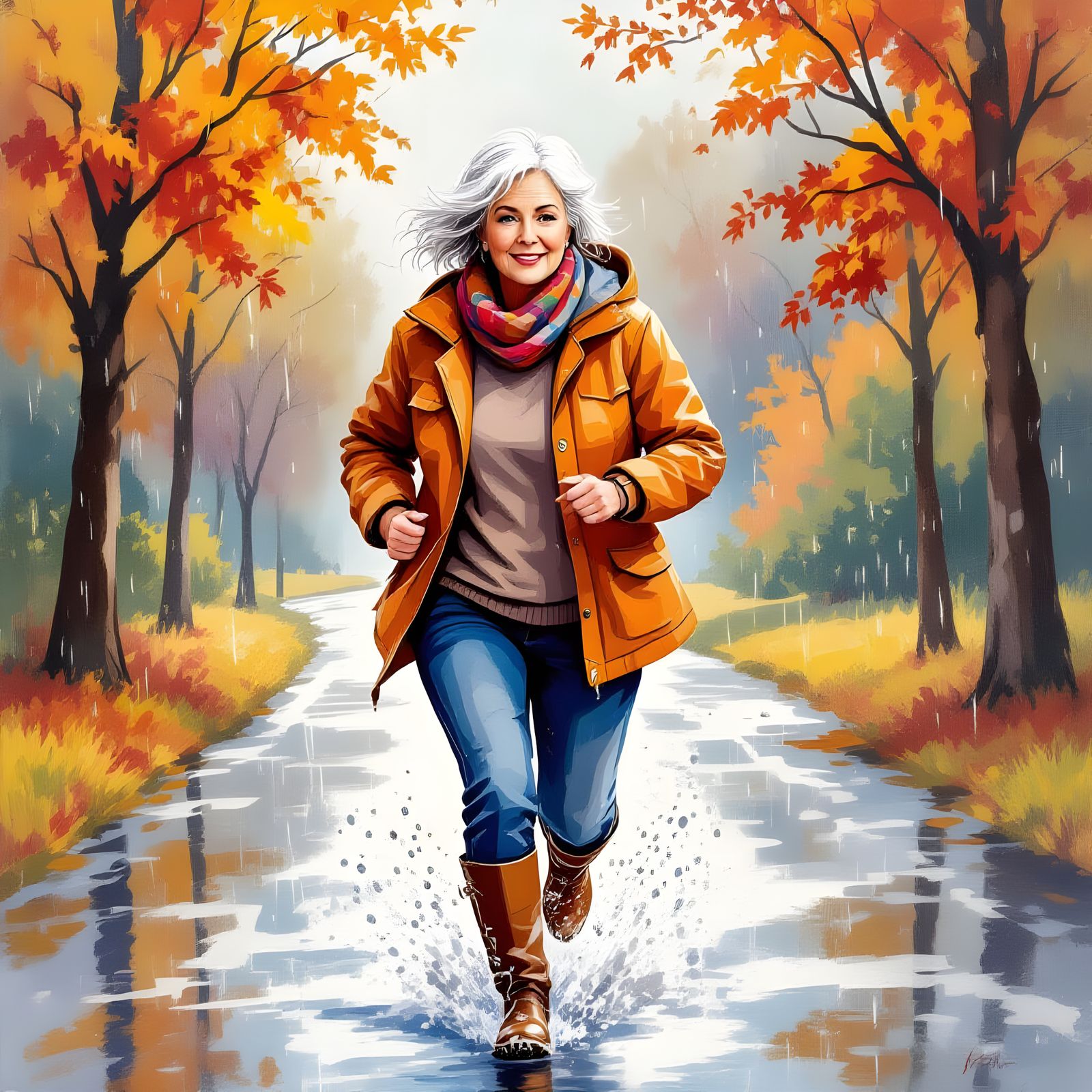 Elderly Woman Joyfully Runs Through Puddles in Gouache Paint...