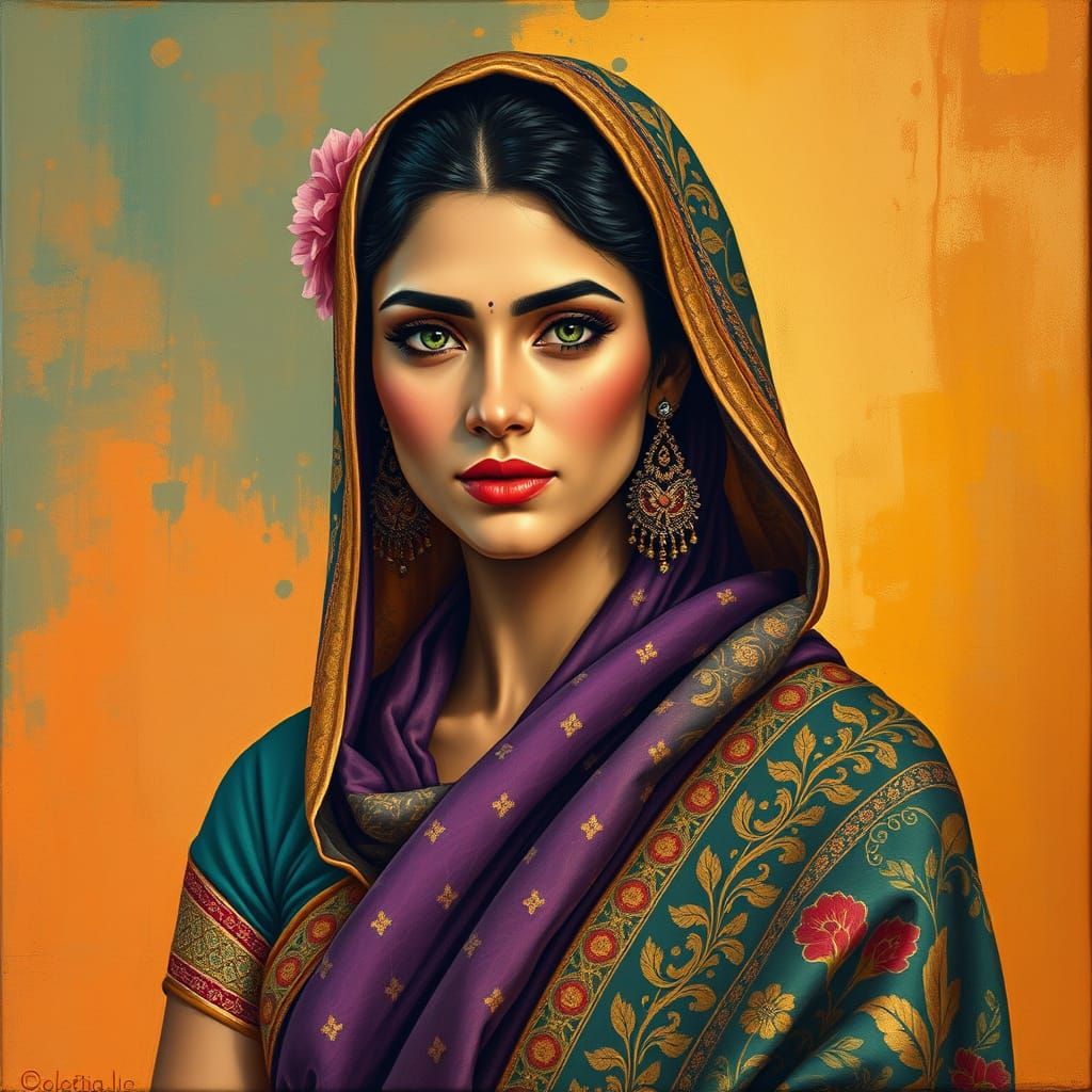Indian Goddess with Golden and Saffron Decorations